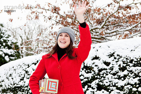 Geschenk  Frau  tragen  Verpackung  Schnee  umwickelt