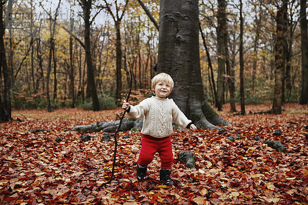 Kleinkind beim Wandern im Herbstlaub