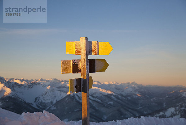 Nahaufnahme der ländlichen Wegweiser im Schnee