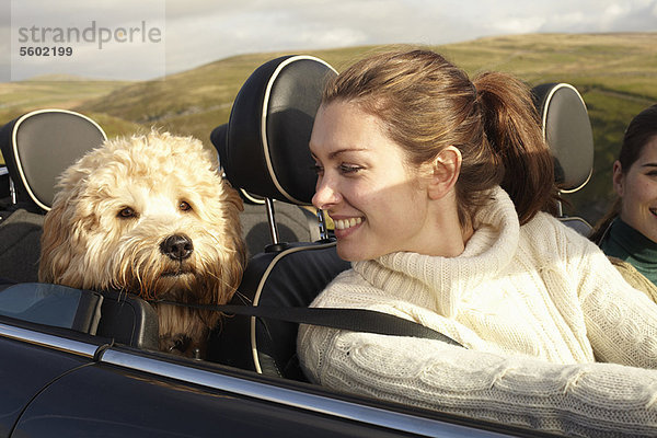 Frauen und Hundefahren in der ländlichen Landschaft