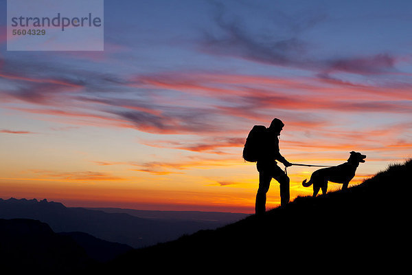 Wanderer mit Hund  Silhouetten bei Sonnenuntergang  Abendstimmung  Berner Oberland  Schweiz  Europa