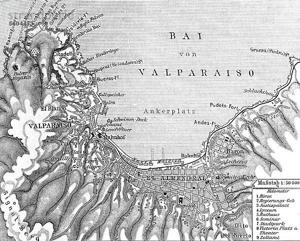 Lageplan von Valparaiso  Chile  historische Illustration  Meyers Konversationslexikon  1897