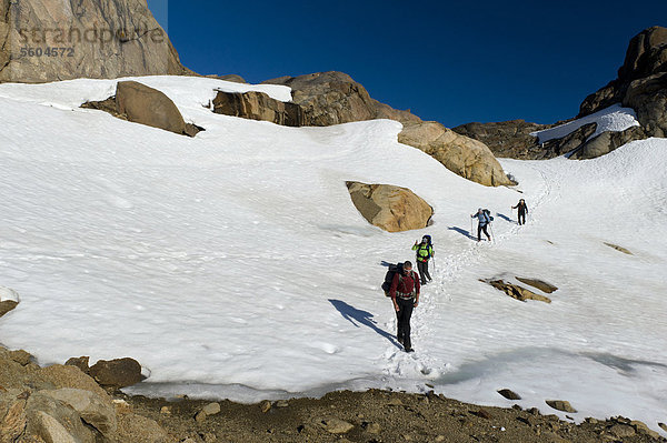 Gruppe Wanderer überquert Schneefeld  bei Tasiilaq oder Ammassalik  Ostgrönland  Grönland