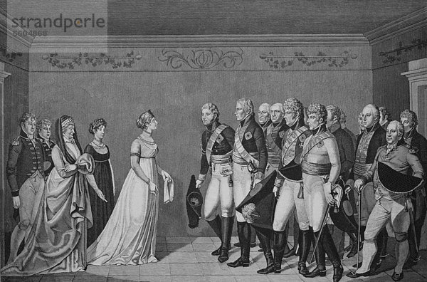 Begegnung der Königin Luise mit Kaiser Alexander I am 10.11.1802  historischer Stich  1883