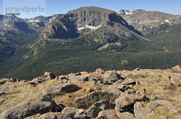 Blick auf Hayden Spire  Terra Tomah Mountain und Mount Ida  v. l. n. r.  von der Trail Ridge Road  Rocky Mountain National Park  Colorado  USA