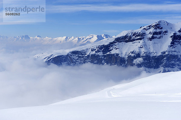 Sicht vom Torrenthorn in die Nebel verhüllten Walliser Alpen  Leukerbad  Wallis  Schweiz  Europa