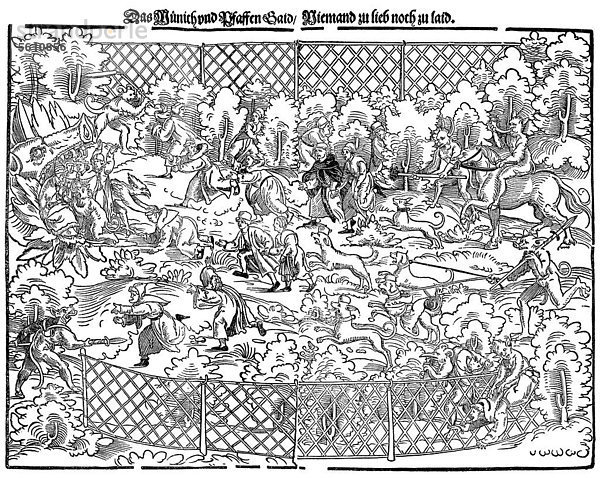 Die Mönchs- und Pfaffenjagd  der Teufel treibt die unchristlichen Mönche und Geistlichen in die Hölle  satirisches Flugblatt aus dem 16. Jahrhundert