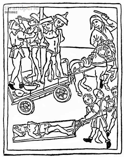 Historische Zeichnung aus dem 19. Jahrhundert  Folterung der Juden  mit Judenhut  nach einem Holzschnitt von 1475  Beispiel für christlichen Antijudaismus im 15. Jahrhundert in Deutschland