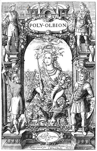 Historischer Druck aus dem 19. Jahrhundert  Titel der 1. Ausgabe des Poly-Olbion  1613  von Michael Drayton  1563 - 1631  ein englischer Dichter des Elisabethanischen Zeitalters