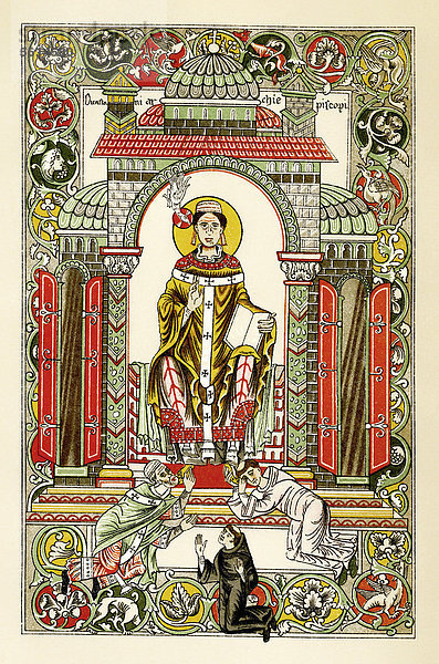 Historischer Druck aus dem 19. Jahrhundert  angelsächsische Malerei in einer Handschrift aus dem 11. Jahrhundert  der heilige Dunstan  Erzbischof von Canterbury  um 909 - 988