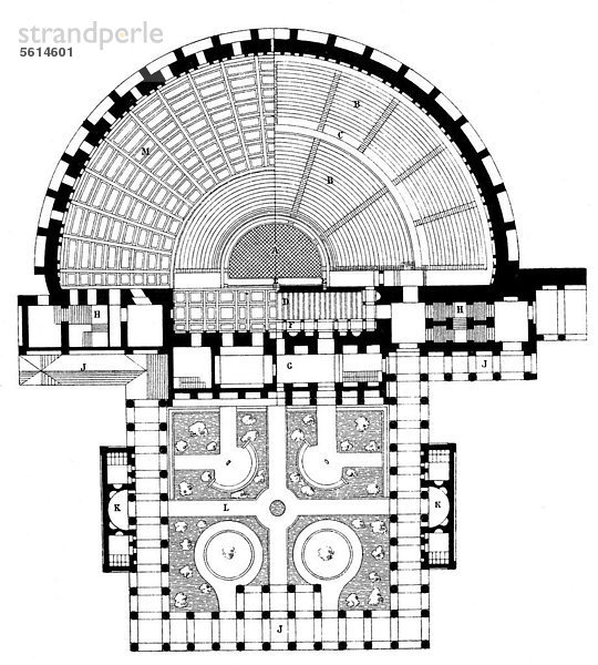 Historischer Druck aus dem 19. Jahrhundert  der Grundriss vom Odeion des Herodes Atticus  Theater der Antike in Athen  Griechenland