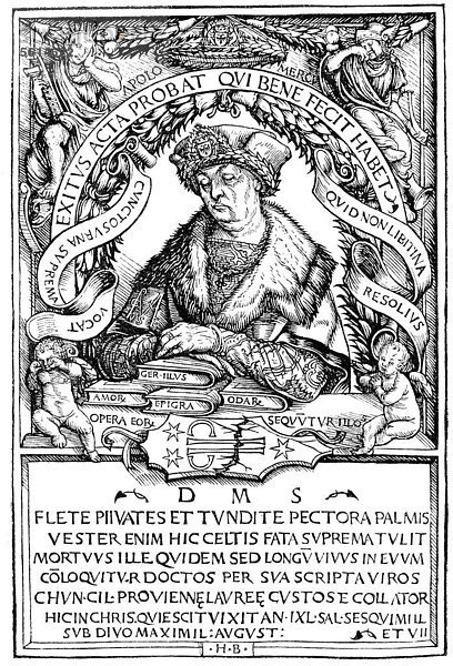 Historische Zeichnung aus dem 19. Jahrhundert  Portrait von Conrad Celtis oder Konrad Celtes oder Protucius  1459 - 1508  ein deutscher Humanist und Dichter