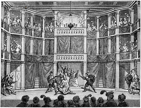 Historischer Druck aus dem 19. Jahrhundert  Innenansicht von einem Elisabethanischen Theater der englischen Renaissance  eine Theaterbühne aus dem 15. oder 16. Jahrhundert