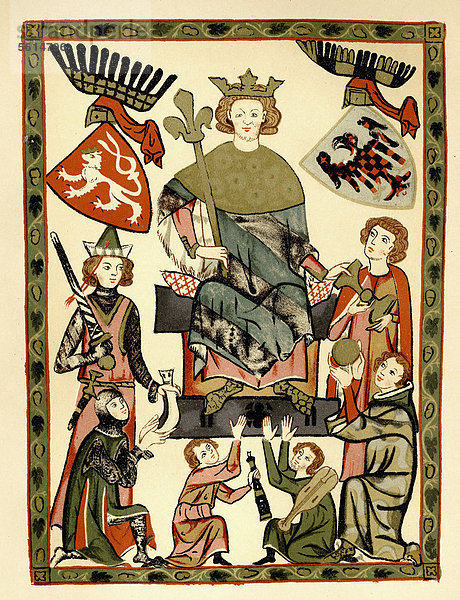 Historische Zeichnung aus dem 19. Jahrhundert  Bild von Wenzel II. oder Wenzel I. oder V·clav  1271 - 1305  König von Böhmen und Polen  hier Wenzel II. von Böhmen als Minnesänger im Codex Manesse  14. Jahrhundert
