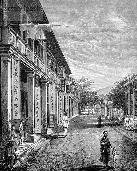 Straße in Hongkong  historische Illustration  Holzstich  ca. 1888
