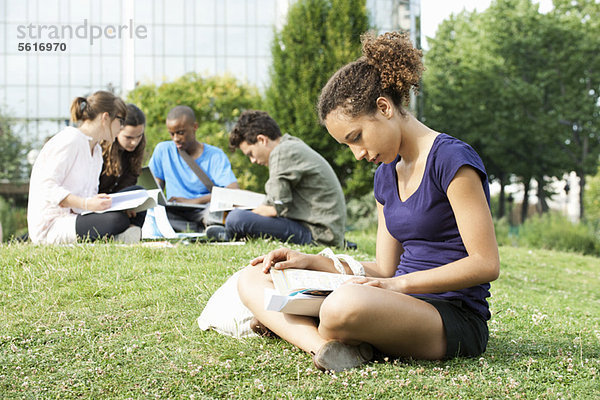 Junge Frau liest Buch auf Gras  Gruppe junger Leute im Hintergrund