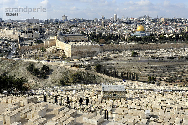 Blick vom Ölberg über den jüdischen Friedhof auf die al-Aqsa Moschee oder al-Aksa Moschee und den Felsendom auf dem Tempelberg in der Altstadt von Jerusalem  Israel  Naher Osten  Vorderasien  Asien
