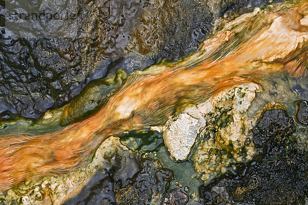 Detailaufnahme von Strukturen  gebildet durch Algen  farbige Mineralien und Wasser  im Geothermalgebiet und Tal von Hveragerdi  Hverager_i  Hverager_isbÊr  Hveragerdisbaer  Island  Europa