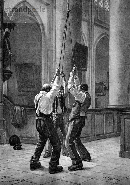Männer beim Glockenläuten  historischer Holzstich  ca. 1897
