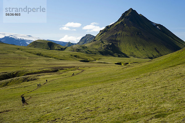 Wanderer am Wanderweg und mit Moos bedeckte Berge am Wanderweg Laugavegur  ¡lftavatn-Emstrur  Hochland  Island  Europa