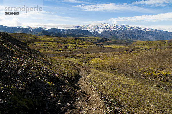 Wanderweg mit Blick auf Vulkan Eyjafjallajökull  Wanderweg Laugavegur  Emstrur-_Ûrsmörk  Thorsmörk  Hochland  Island  Europa
