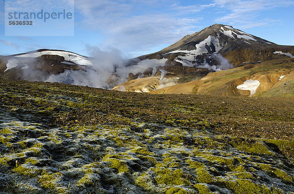 Moos  heiße Quellen und mit Schnee bedeckte Rhyolith-Berge  Hochtemperaturgebiet Hveradalir  Kerlingarfjöll  Hochland  Island  Europa