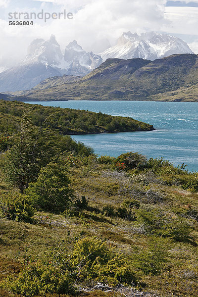 Blick auf die Granitberge Cuernos del Paine im Nationalpark Torres del Paine vom Ufer des Lago del Torro  Thyndal  Region Magallanes Antartica  Patagonien  Chile  Südamerika  Amerika