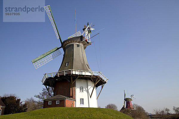 Die Greetsieler Zwillingsmühlen  zwei historische Windmühlen im ostfriesischen Urlaubsort Greetsiel  Ostfriesland  Niedersachsen  Deutschland  Europa