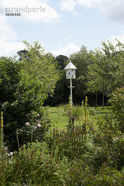 Weißes Vogelhaus in üppigem Garten