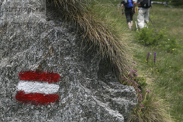 Gemaltes Symbol auf einem Felsen  der einen Wanderweg markiert  Piemont  Italien