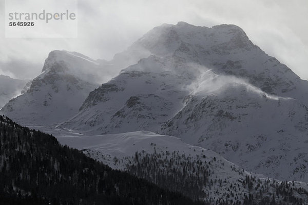 Schneebedeckte Bergkette und Wald