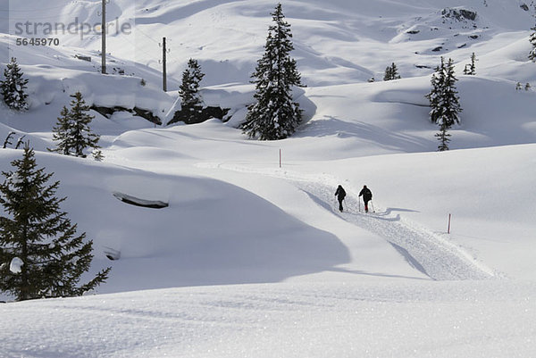 Zwei Wanderer auf einem verschneiten Weg