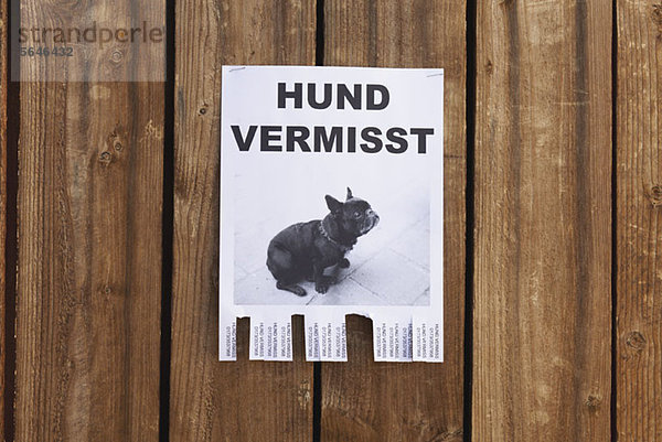 Ein verlorener Hund in deutscher Sprache auf einem Holzzaun aufgehängt