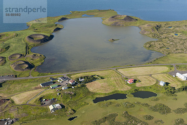 Luftaufnahme  Pseudokrater und Gehöfte  Binnensee M_vatn oder Myvatn  Nordisland  Island  Europa