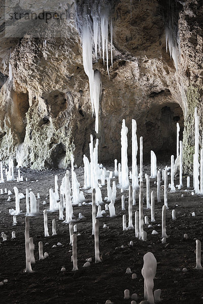 Deutschland  Bayern  Franken  Blick auf Eiszapfen in der Höhle