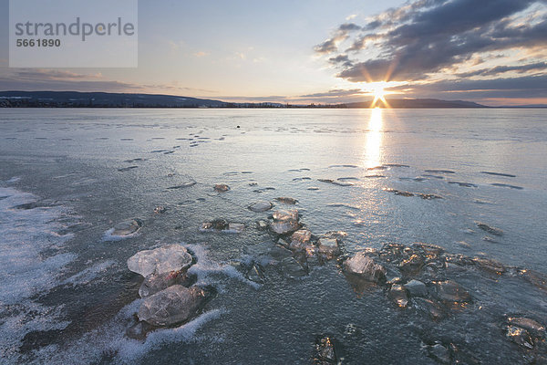 Eingefrorene Eisbrocken im Bodensee im Sonnenuntergangslicht  Allensbach  Baden-Württemberg  Deutschland  Europa