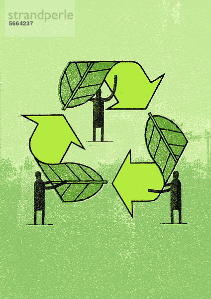 Männer bilden ein Recycling-Symbol aus grünen Blättern