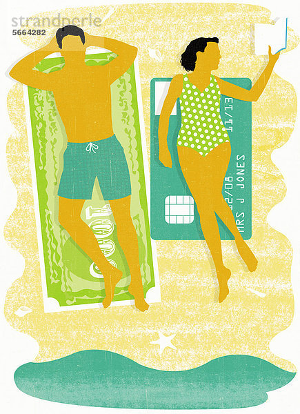 Mann und Frau sonnt sich auf Geldschein und Kreditkarte am Strand