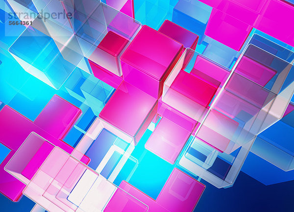Abstraktes Muster digital generierter mehrschichtiger pinkfarbener und blauer Würfel