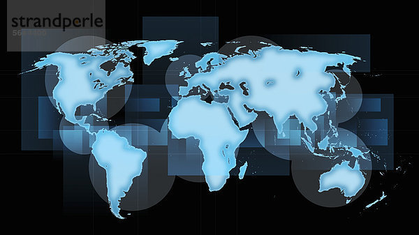 Weltkarte mit blauen Kontinenten auf schwarzem Hintergrund