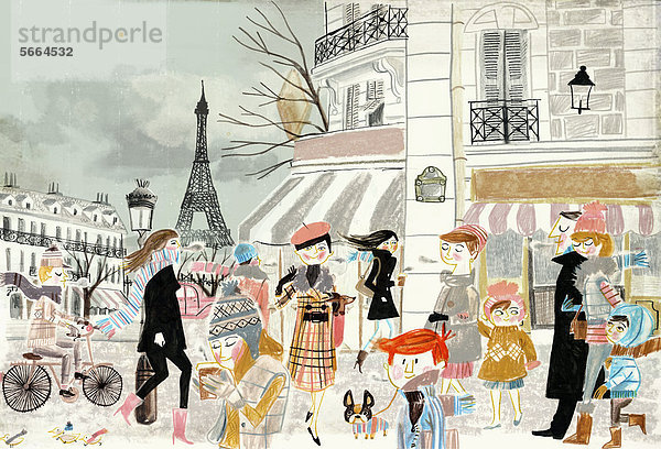 Menschen in der Nähe des Eiffelturms in Paris im Winter