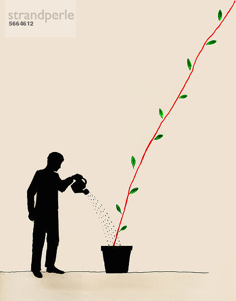 Geschäftsmann gießt eine Pflanze in Form eines Liniendiagramms