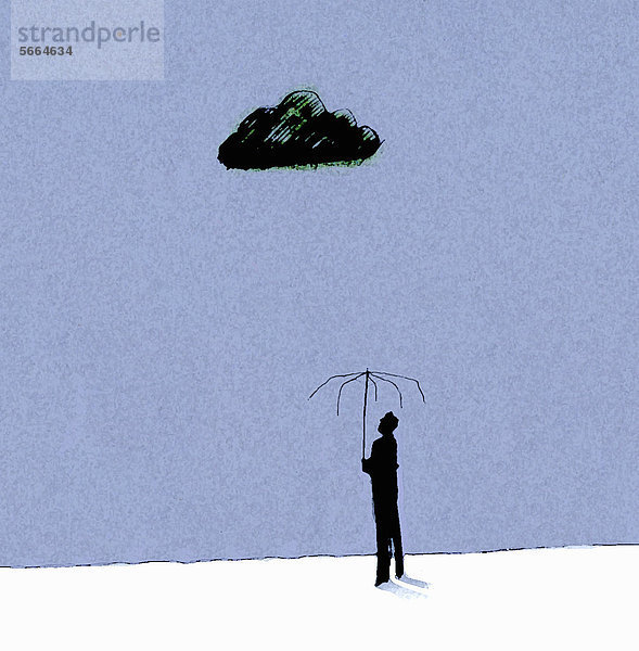 Dunkle Wolke über einem Mann unter kaputtem Regenschirm