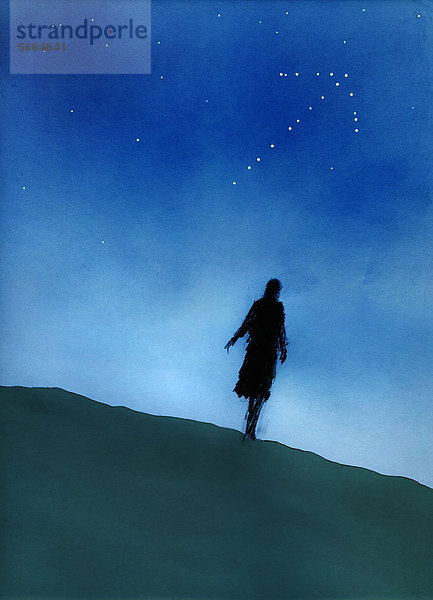 Silhouette einer Frau auf einem Hügel unter einem Pfeil im Nachthimmel