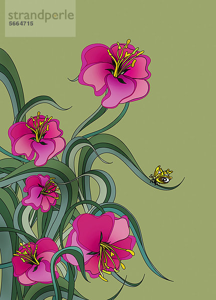 Pinkfarbene Blumen und Schmetterling auf grünem Hintergrund