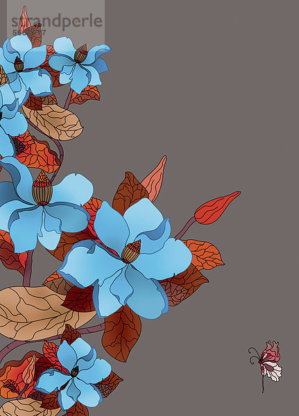 Blaue Blumen und Schmetterling auf grauem Hintergrund
