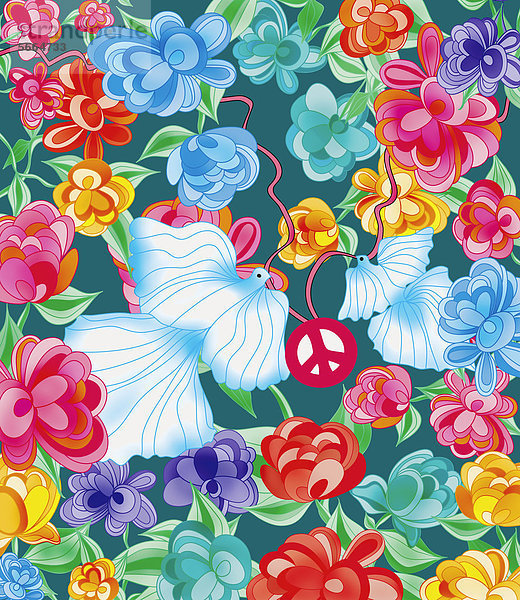 Tauben mit Friedenssymbol umgeben von leuchtenden Blumen