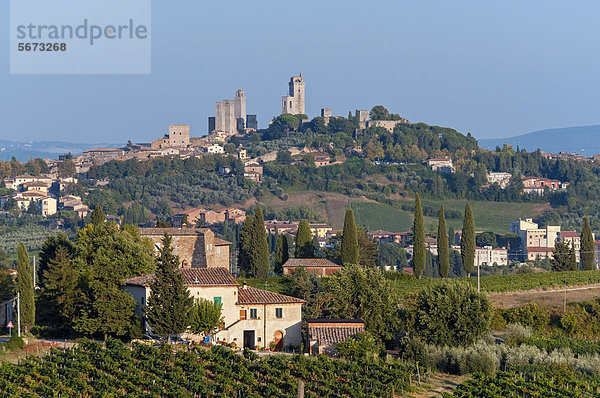 Blick auf die mittelalterliche Hügelstadt San Gimignano  Toskana  Italien  Europa