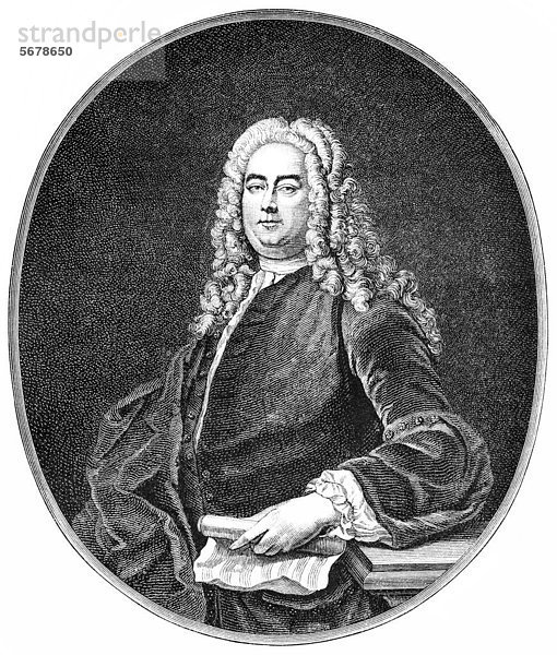 Historische Zeichnung aus dem 19. Jahrhundert  Portrait von Georg Friedrich Händel oder George Frideric Handel  1685 - 1759  ein deutsch-britischer Komponist des Barock