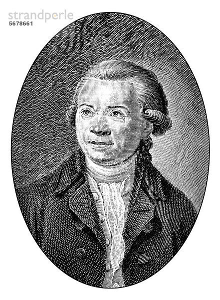 Historische Zeichnung aus dem 19. Jahrhundert  Portrait von Johann Abraham Peter Schulz  1747 - 1800  ein deutscher Musiker und Komponist